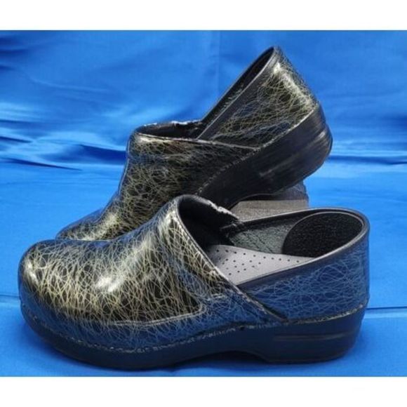 Dansko 39 (US 8.5-9) Glossy Black Gold Swirl Professional Stapled Nursing Clogs‎ - Picture 1 of 11